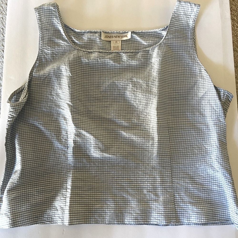 100% silk side zipper waist length sleeveless blue gingham top